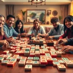 Mahjong set in an exciting game night with diverse players marking engaging moments.