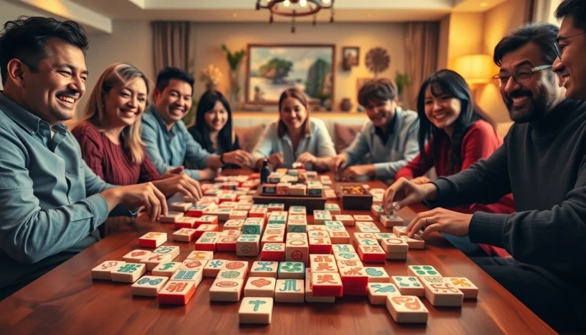Mahjong set in an exciting game night with diverse players marking engaging moments.