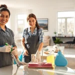 Showcasing a professional Cleaning service team tidying a stylish home environment