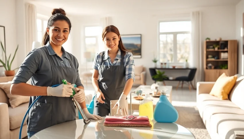 Showcasing a professional Cleaning service team tidying a stylish home environment
