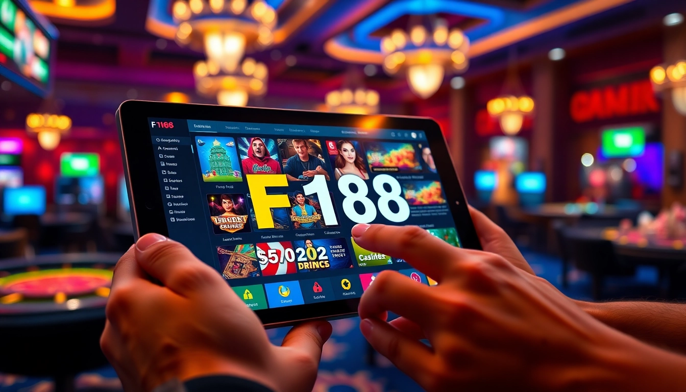 Experience F168's thrilling online gambling with a modern interface highlighting diverse gaming options and a luxurious atmosphere.