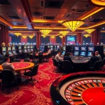 Players strategize at a GO8 poker table in a vibrant casino atmosphere, surrounded by slot machines.