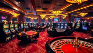Players strategize at a GO8 poker table in a vibrant casino atmosphere, surrounded by slot machines.