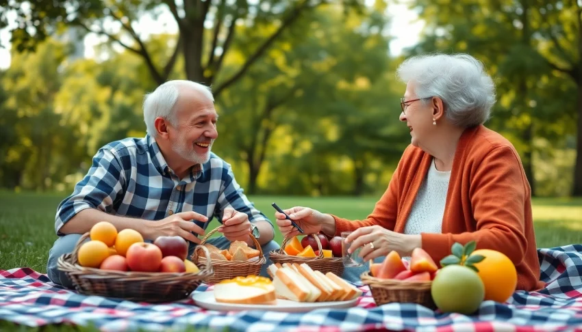 Engaged seniors enjoying a vibrant picnic, representing the ethos of https://frontidas.com.