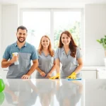 Cleaning service team making a kitchen spotless with eco-friendly products and cheerful atmosphere.