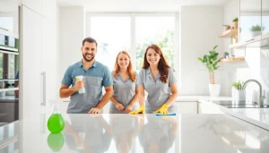 Cleaning service team making a kitchen spotless with eco-friendly products and cheerful atmosphere.