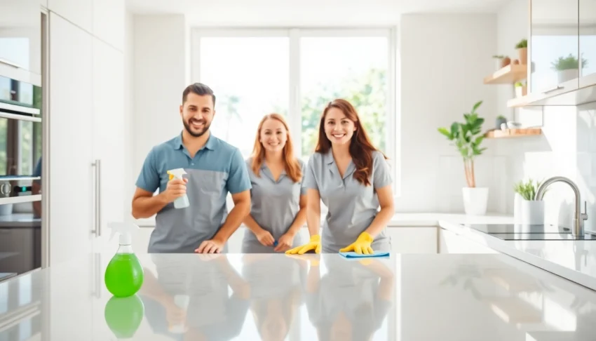 Cleaning service team making a kitchen spotless with eco-friendly products and cheerful atmosphere.