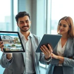 Engaged real estate professionals showcasing listings in an elegant office setting.