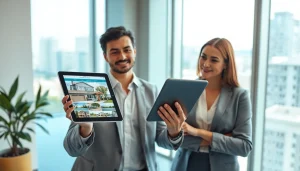 Engaged real estate professionals showcasing listings in an elegant office setting.
