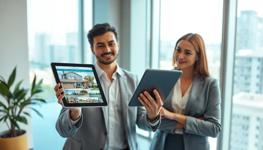 Engaged real estate professionals showcasing listings in an elegant office setting.