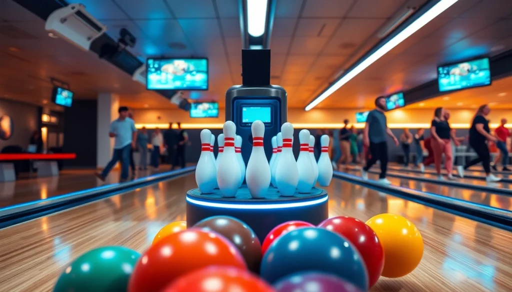 String bowling manufacturer showcasing the advanced EV99 bowling machine in action with vibrant colors and a lively bowling alley atmosphere.