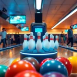 String bowling manufacturer showcasing the advanced EV99 bowling machine in action with vibrant colors and a lively bowling alley atmosphere.