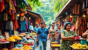 Lanka Ad showcasing vibrant Sri Lankan market with colorful stalls and happy shoppers.