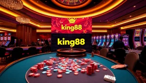 king88 players celebrating a big win at an elegant casino table with colorful chips and cards.