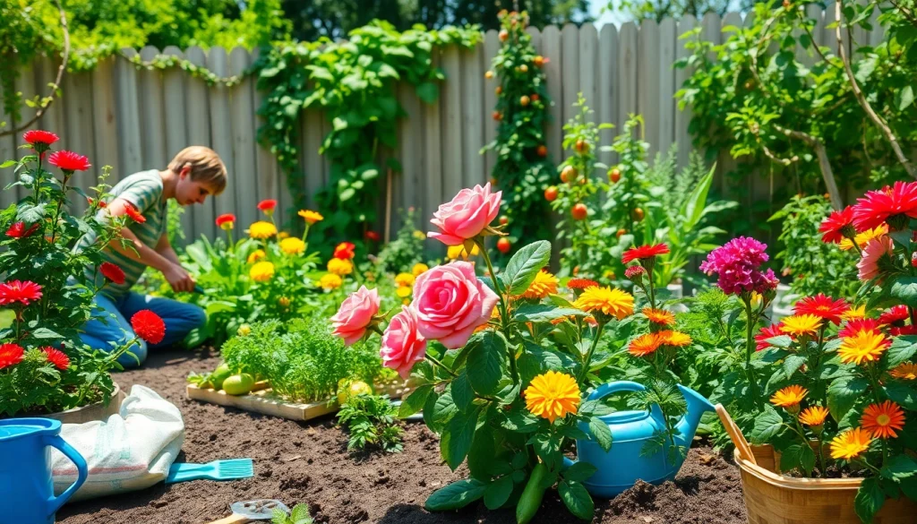 Gardening enthusiast nurturing vibrant flowers and vegetables in a sunny backyard garden.