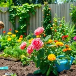 Gardening enthusiast nurturing vibrant flowers and vegetables in a sunny backyard garden.