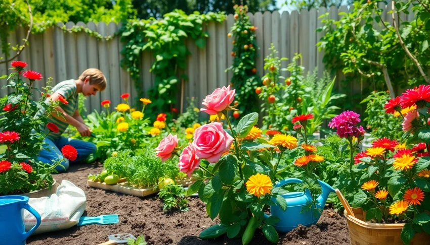 Gardening enthusiast nurturing vibrant flowers and vegetables in a sunny backyard garden.