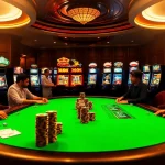 Players enjoying high-stakes poker at V9bet casino under ambient lighting.