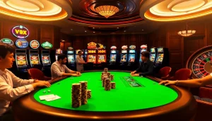 Players enjoying high-stakes poker at V9bet casino under ambient lighting.