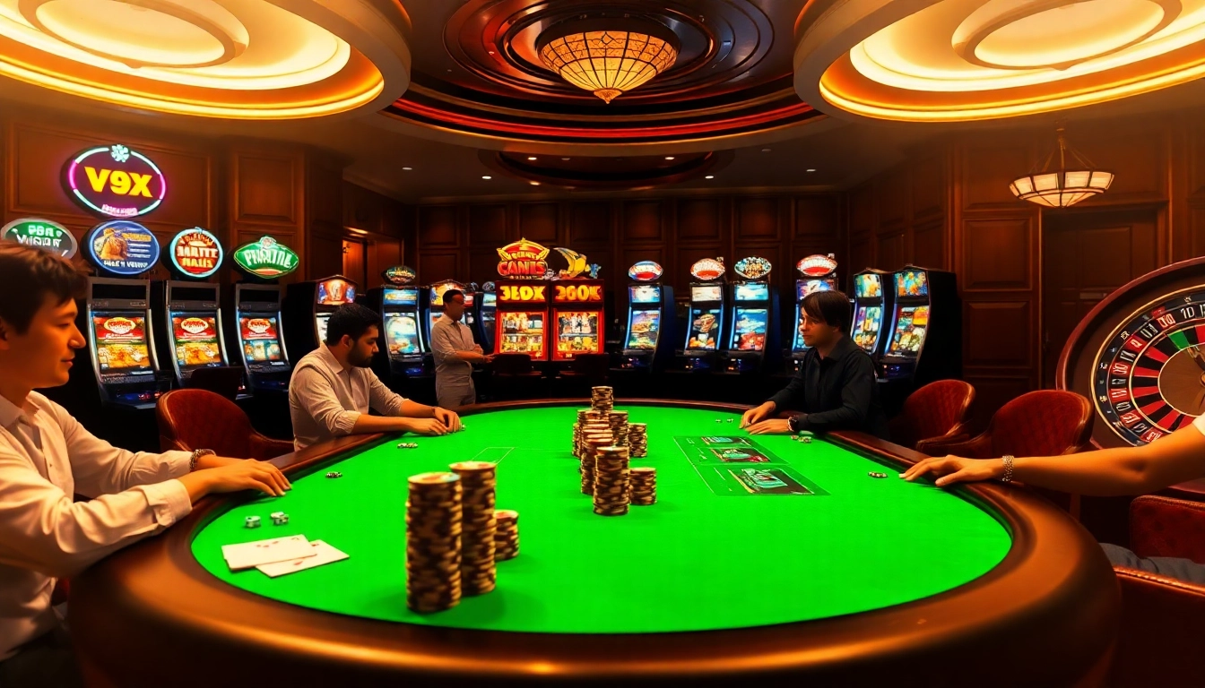 Players enjoying high-stakes poker at V9bet casino under ambient lighting.