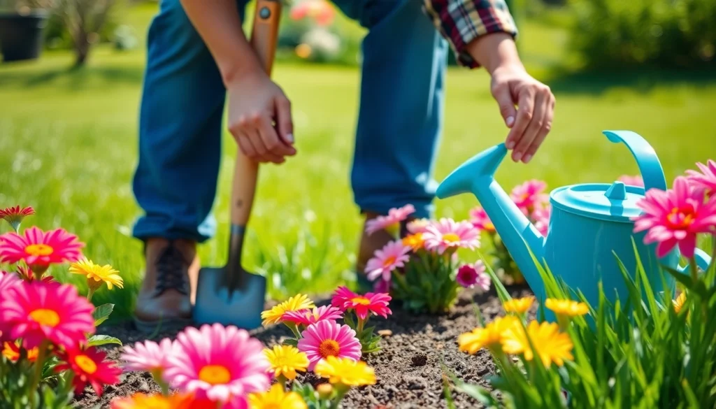 Gardening enthusiast nurturing vibrant flowers in a sunny backyard garden.