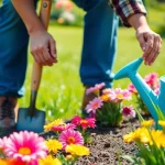 Gardening enthusiast nurturing vibrant flowers in a sunny backyard garden.