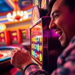 Nổ Hũ QH88 player pulling lever on slot machine in a vibrant casino setting.