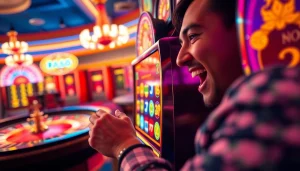 Nổ Hũ QH88 player pulling lever on slot machine in a vibrant casino setting.