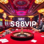 Experience the excitement at S88VIP with players engaging at a luxurious casino table surrounded by slot machines.
