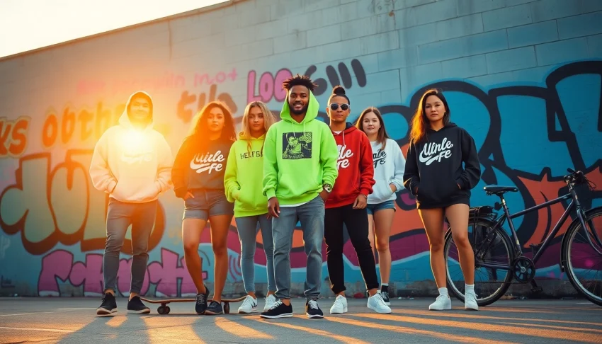 Streetwear clothing online showcased by diverse youth in vibrant urban setting.