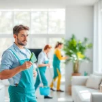 Cleaning service professionals enhance a home's cleanliness with detailed work and bright lighting.
