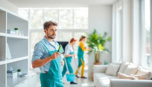 Cleaning service professionals enhance a home's cleanliness with detailed work and bright lighting.