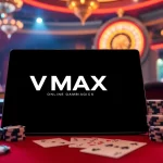 Experience gambling excitement with the VMAX app interface on a modern tablet amidst a vibrant casino setting.