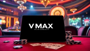 Experience gambling excitement with the VMAX app interface on a modern tablet amidst a vibrant casino setting.