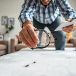 Inspecting for bed bugs by https://affordablebedbugexterminators.com in a living room with focused detail.