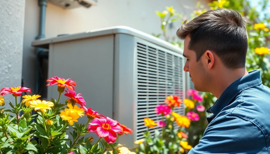 Technician performing maintenance on Scottsdale AC unit in a sunny garden.