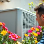 Technician performing maintenance on Scottsdale AC unit in a sunny garden.