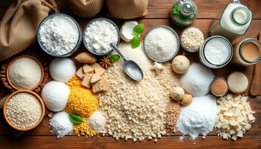 Adoçante a granel em exposição com diversas texturas e cores em um ambiente acolhedor.