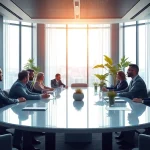 Engaged individuals in a business meeting highlighting collaboration in a modern setting.