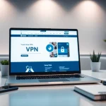快连vpn下载 interface on a modern laptop in a professional workspace.