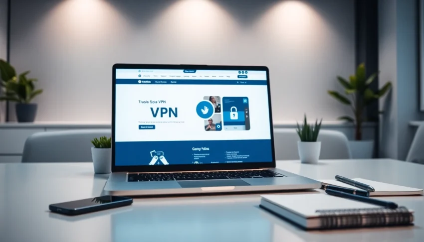 快连vpn下载 interface on a modern laptop in a professional workspace.