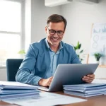 SMSF accountant analyzing financial strategies in a modern office.