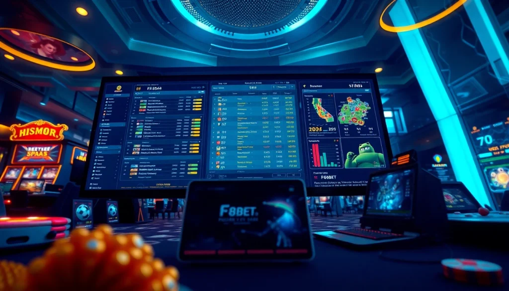 Experience the excitement of F8BET with a futuristic gaming interface and vibrant betting atmosphere.