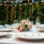 Showcasing eco-friendly wedding plates in an elegant outdoor wedding setting.