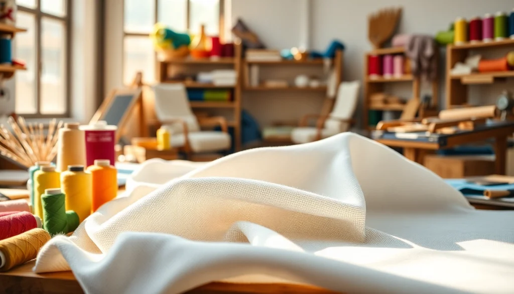 Laat katoenen stof zien met unieke textuur in een ambachtelijke werkplaats.