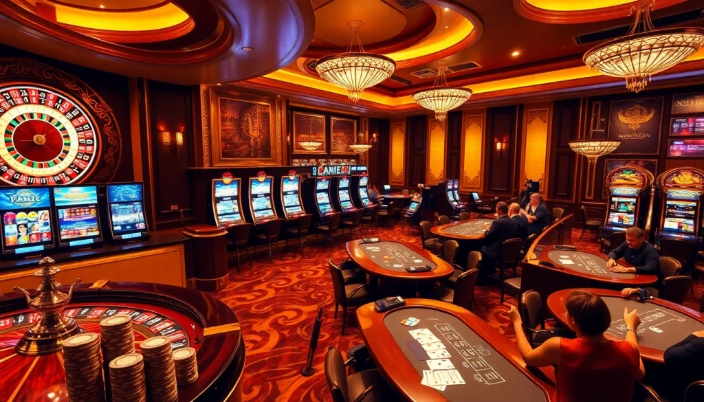 RAJABARONG casino scene with roulette wheel, slot machines, and excited players.