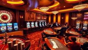 RAJABARONG casino scene with roulette wheel, slot machines, and excited players.