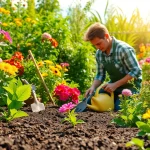 Gardening enthusiast nurturing vibrant flowers in a sunlit garden setting.