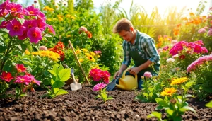 Gardening enthusiast nurturing vibrant flowers in a sunlit garden setting.