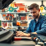 Find a mechanic near me efficiently examining a vehicle under bright lighting.